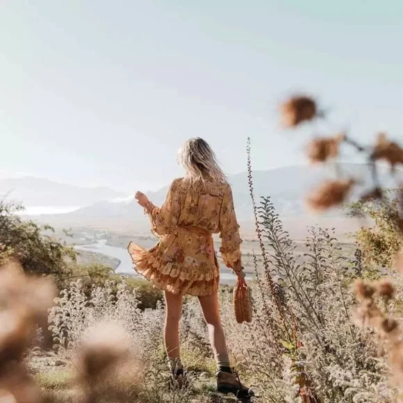 SOLD OUT Golden Floral Ruffle Fall Boho Long Sleeve Dress - Picture 6 of 12